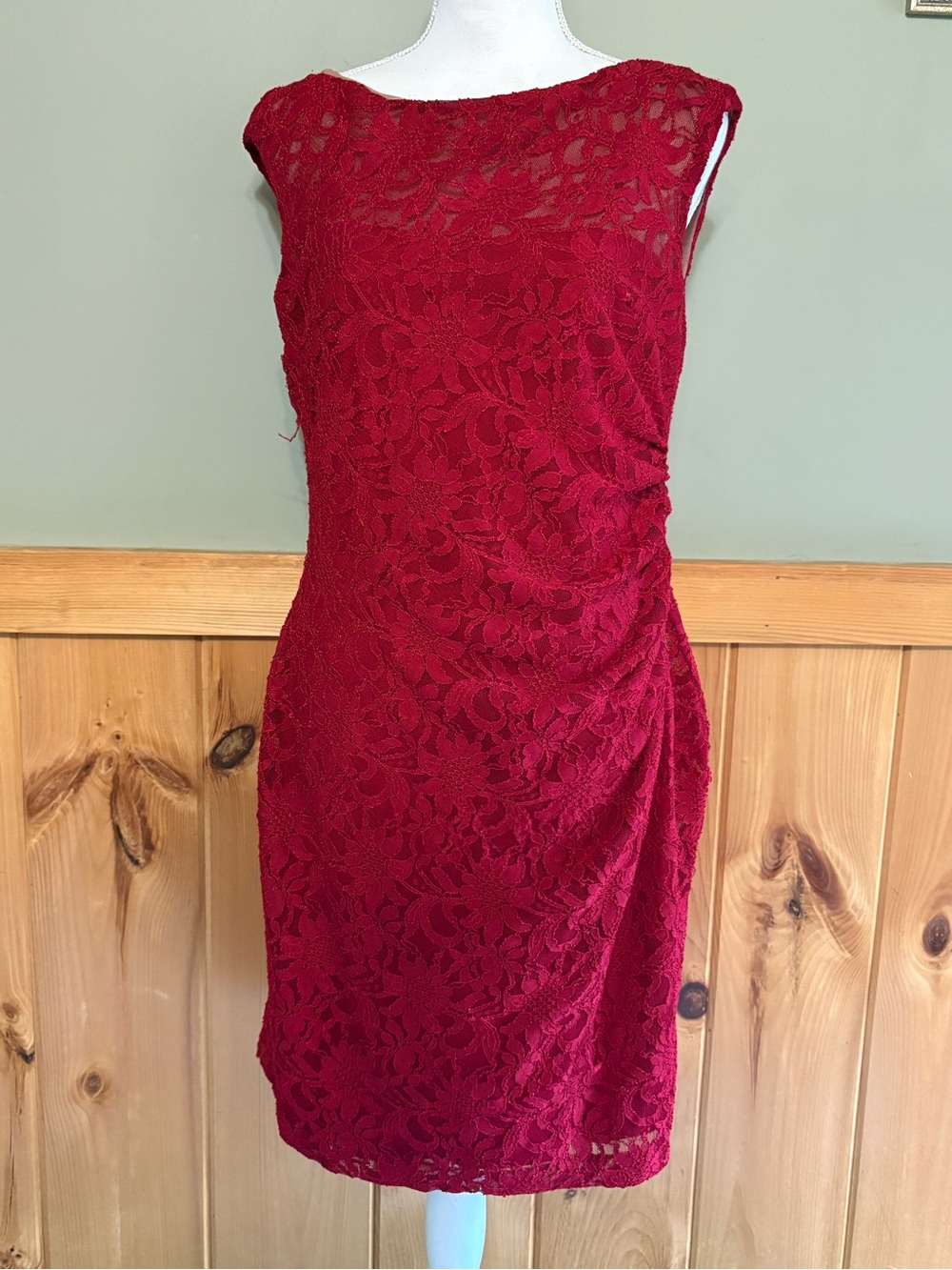 Ralph Lauren Red Lace Sheath Dress size 14 mesh see through neck.